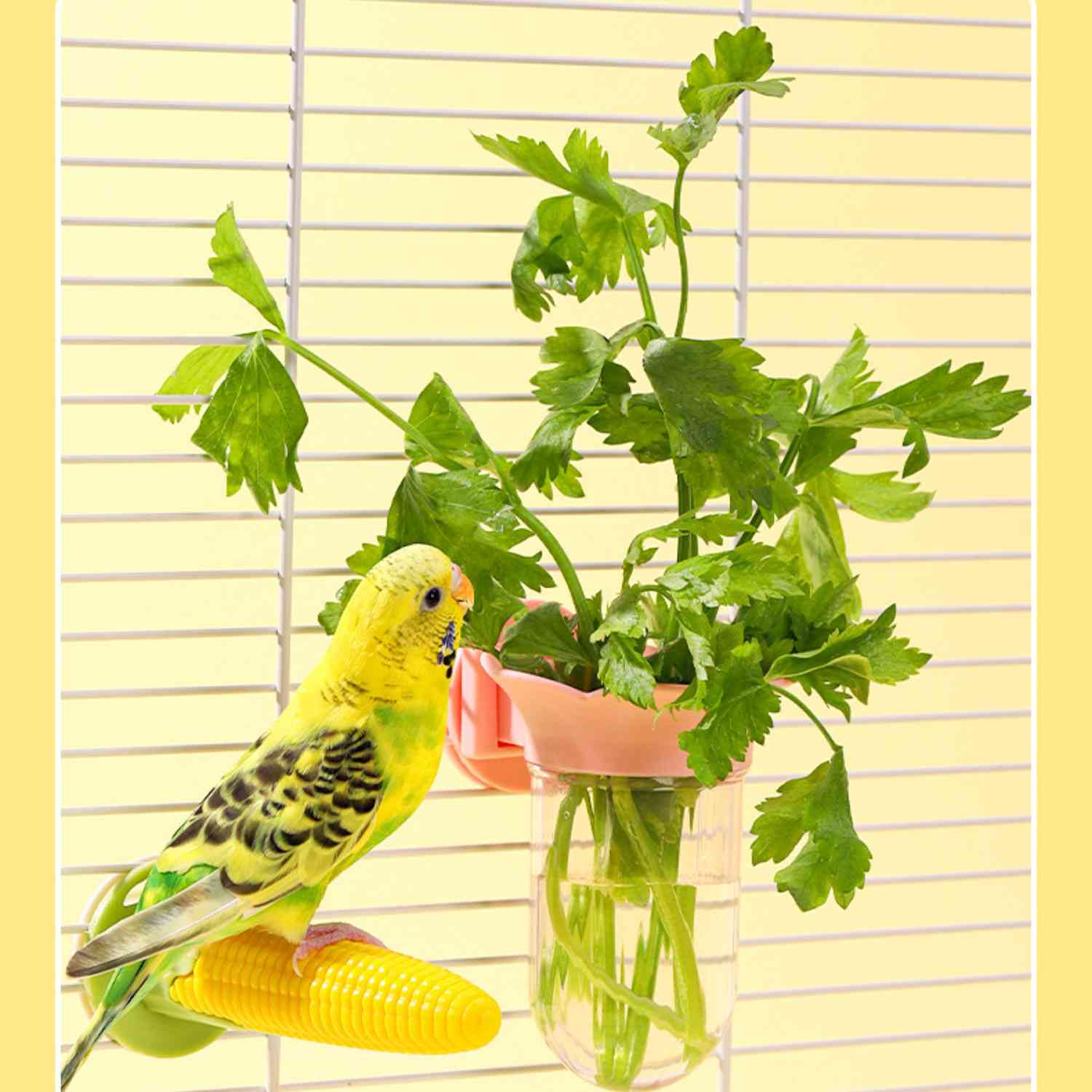 papegaai hydroponische fles met planten en zittende parkiet